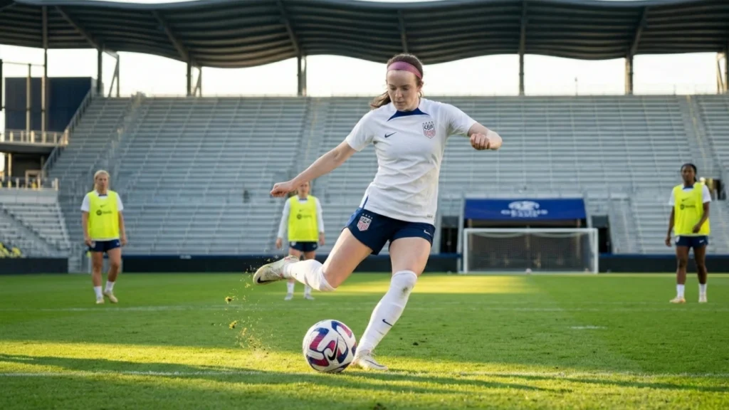 a crucial moment where Hayes is using a tactical board on the pitch. Standing alongside captain Lindsey Horan, creative midfielder Rose Lavelle, and defensive anchor Naomi Girma, Hayes is outlining specific patterns of play, reinforcing the analytical approach she brings to the USWNT.