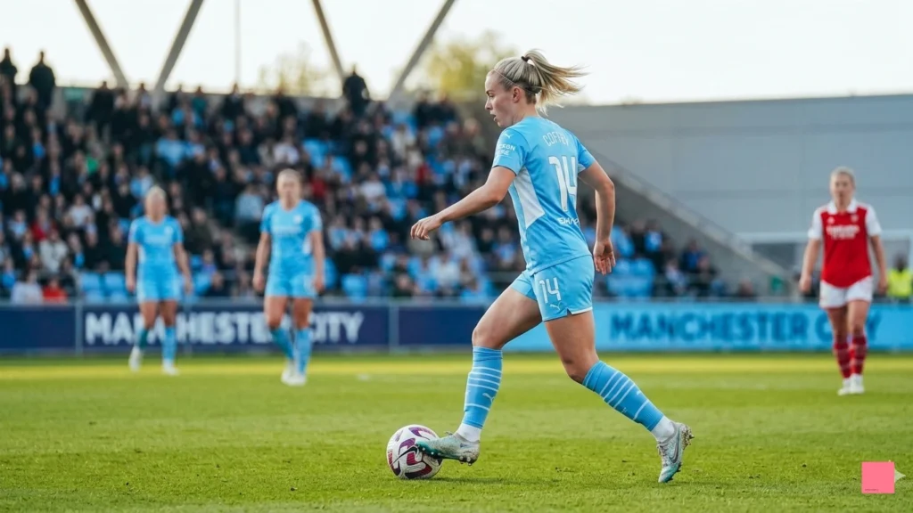 Sam Coffey in action for Manchester City in the WSL, balancing her club career with international leadership expectations.