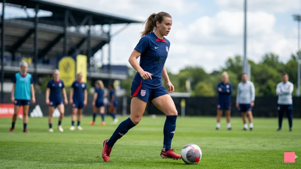 USWNT midfielder Sam Coffey controls the ball during a training session in Nashville, TN, ahead of the 2026 SheBelieves Cup