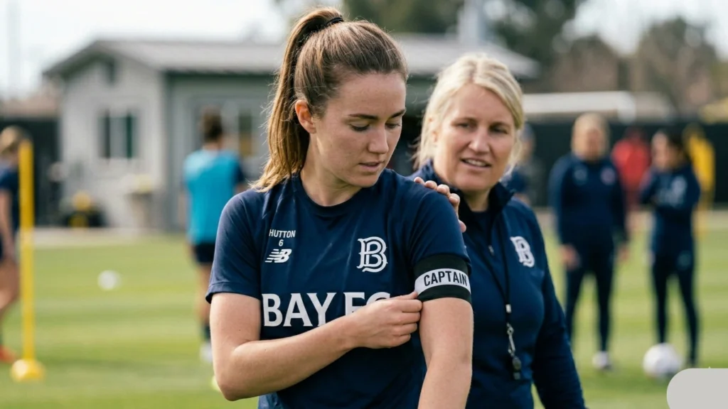 A focused close-up of Hutton wearing the black captain's armband, reflecting her historic USWNT role