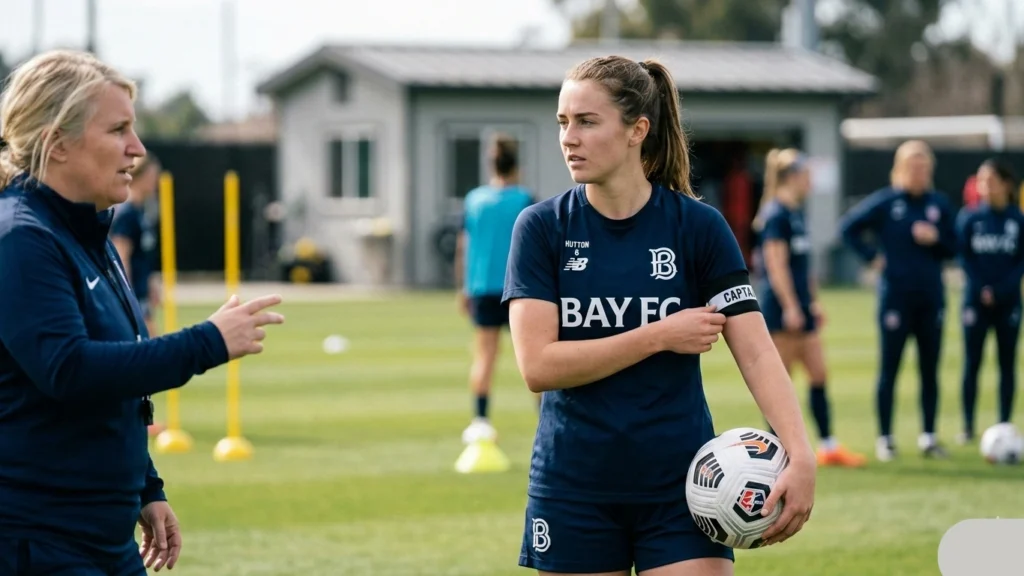 Claire Hutton listening to Emma Hayes at a Bay FC practice, capturing the direct mentorship.