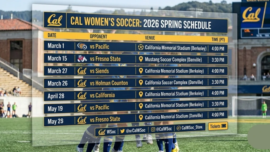 An infographic displaying the Cal Women’s Soccer 2026 Spring Schedule