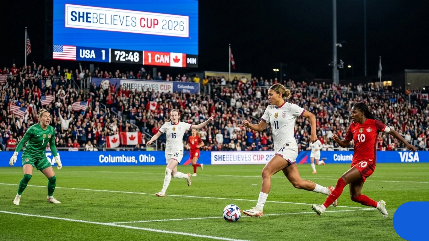 USWNT's Trinity Rodman dribbling against Canada in the USA vs Canada SheBelieves Cup 2026 match in Columbus, Ohio.