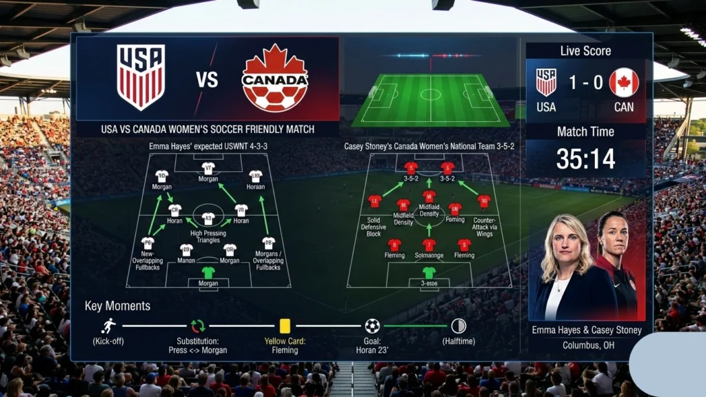 Tactical overview and formation mapping for the USA vs Canada Women’s Soccer Friendly: Match Time, Lineups, Live Score & Key Moments match.
Caption: Tactical discipline, midfield dominance, and set-piece execution will dictate the pace as Emma Hayes and Casey Stoney deploy their respective systems in Columbus.