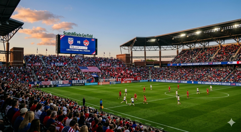 A dynamic wide-angle shot of a packed ScottsMiracle-Gro Field stadium during the dynamic match between USA and Canada. The stadium scoreboard clearly displays 'USA VS CANADA', '2026
