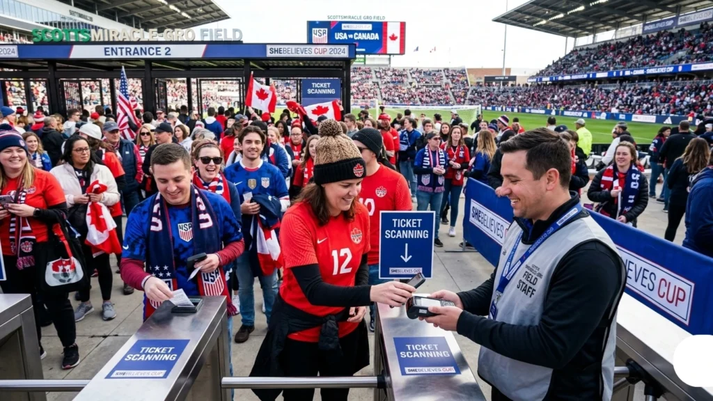 Fans scanning usa vs canada women’s soccer tickets at ScottsMiracle-Gro Field.