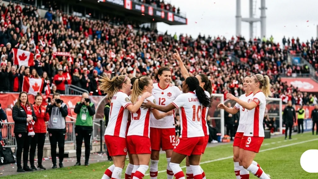 Canadian Women's National Team players celebrating a goal, a key attraction for buyers of usa vs canada women’s soccer tickets.