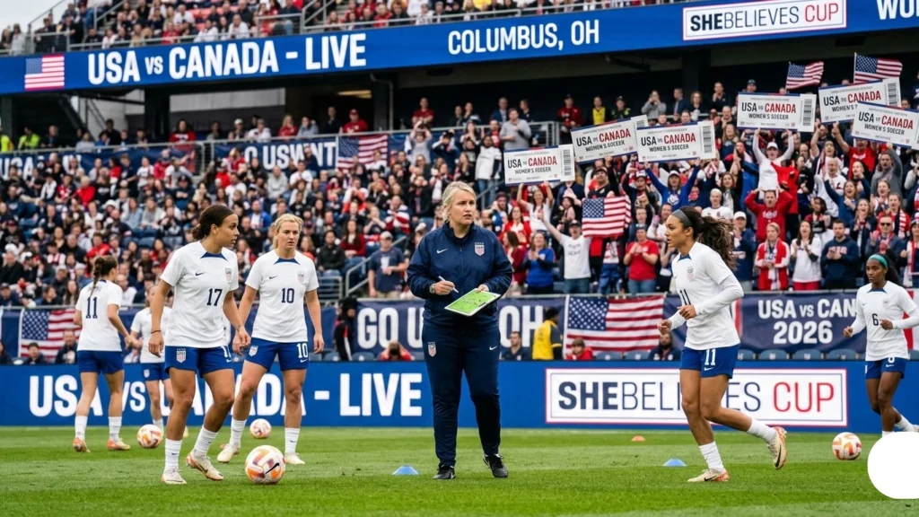 USWNT head coach Emma Hayes preparing her squad ahead of the match for fans holding usa vs canada women’s soccer tickets.