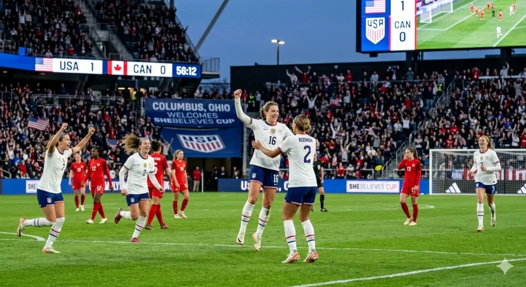 USA women's soccer team celebrating goal