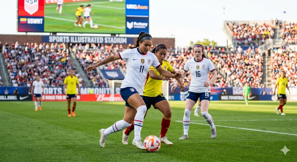  USWNT vs. Colombia match preview graphic featuring American women's soccer highlights.