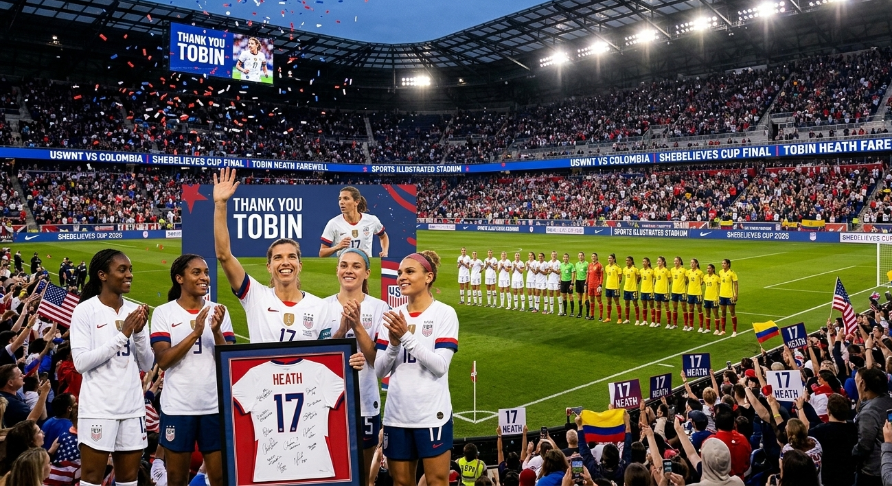 ​USWNT players honoring Tobin Heath with a framed number 17 jersey during her retirement ceremony before the 2026 SheBelieves Cup Final against Colombia