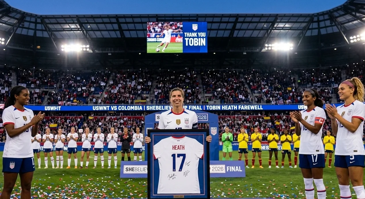 USWNT players honoring Tobin Heath with a framed number 17 jersey during her retirement ceremony before the 2026 SheBelieves Cup Final against Colombia.