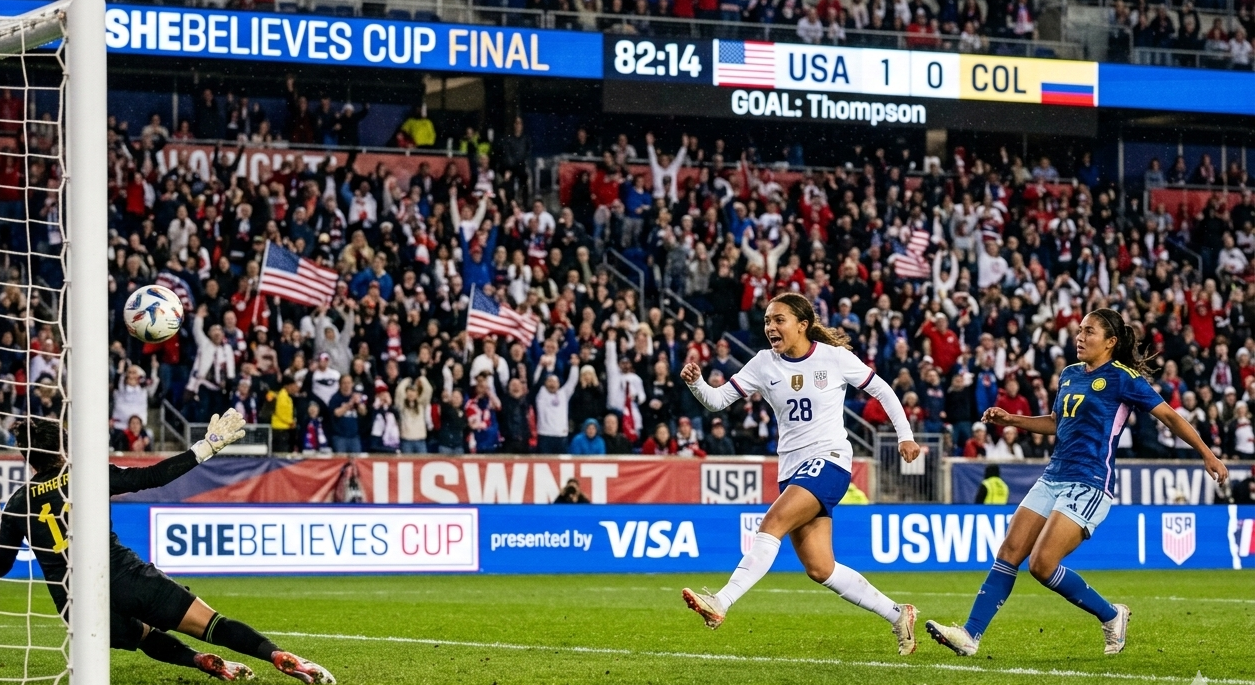 Alyssa Thompson scoring the 82nd-minute game-winning goal for the USWNT against Colombia in the 2026 SheBelieves Cup final.