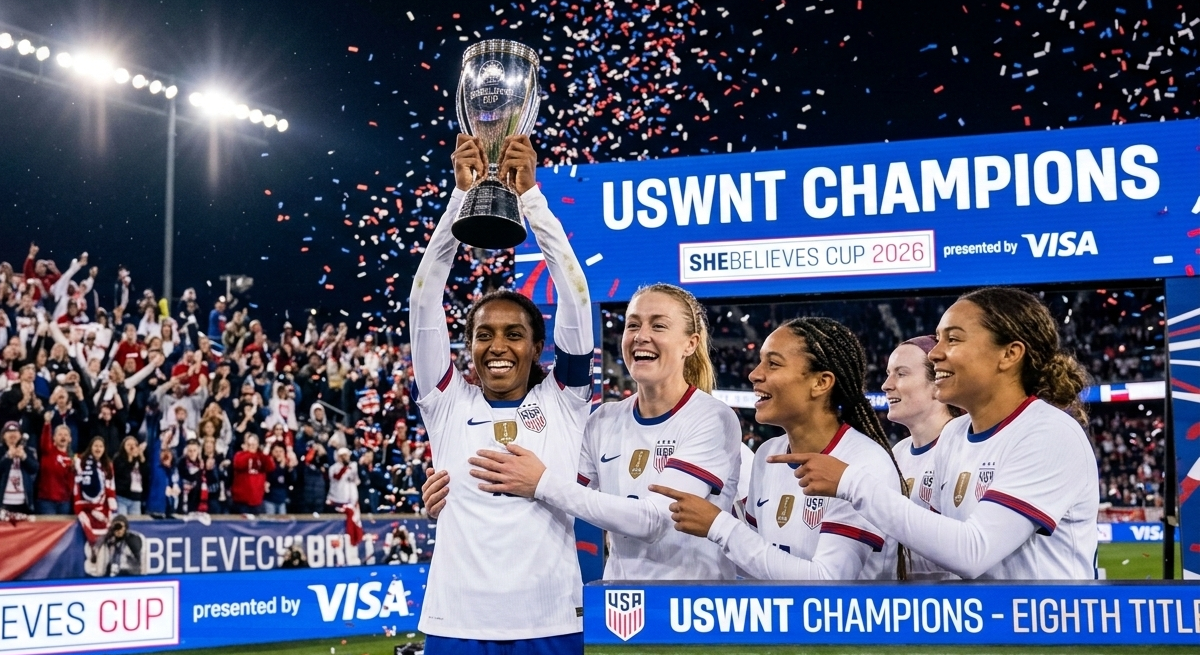 The United States Women's National Team lifting the 2026 SheBelieves Cup trophy after defeating Colombia.