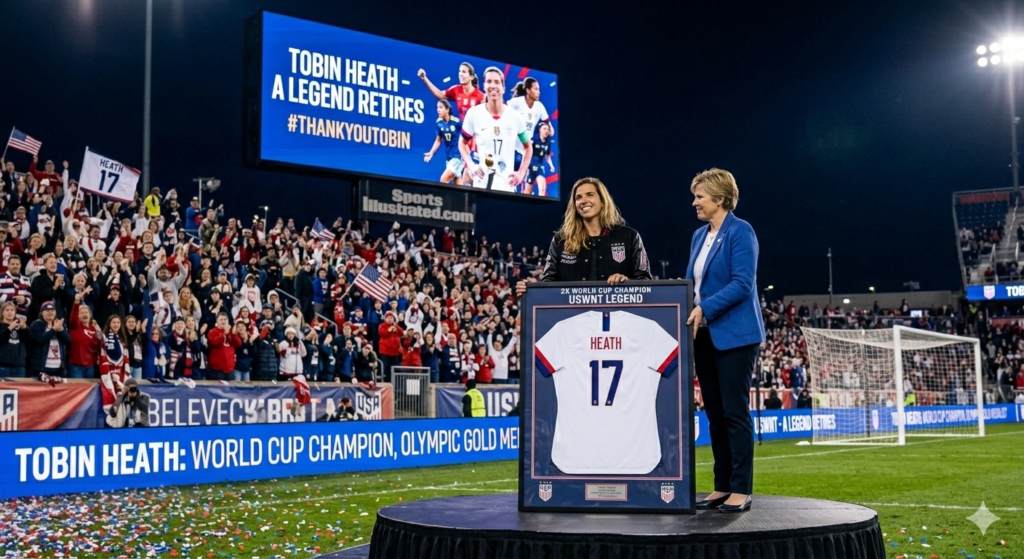 USWNT legend Tobin Heath being honored during her retirement ceremony at the 2026 SheBelieves Cup final in New Jersey.