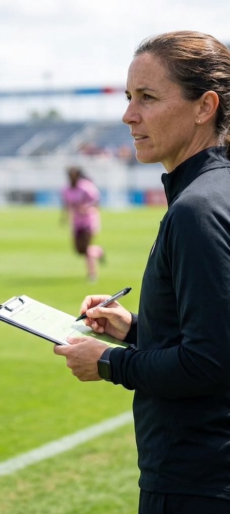 A professional soccer coach standing on the touchline analyzing the game.