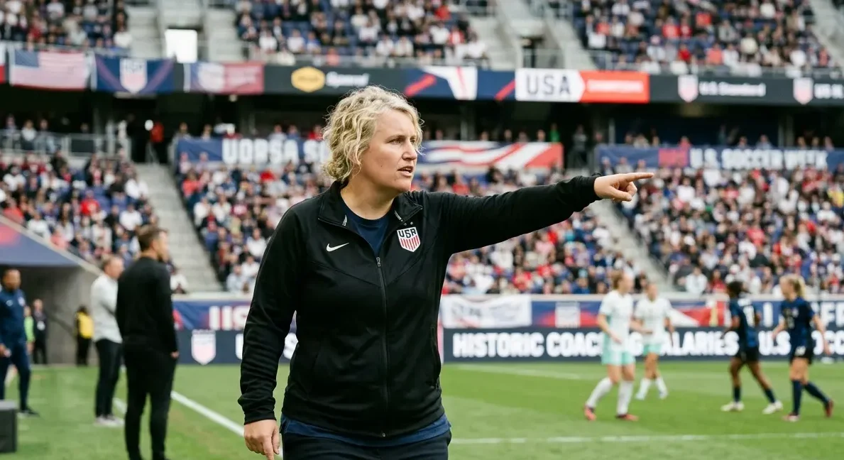 USWNT head coach Emma Hayes pointing on the sideline, representing historic U.S. Soccer coaching salaries.