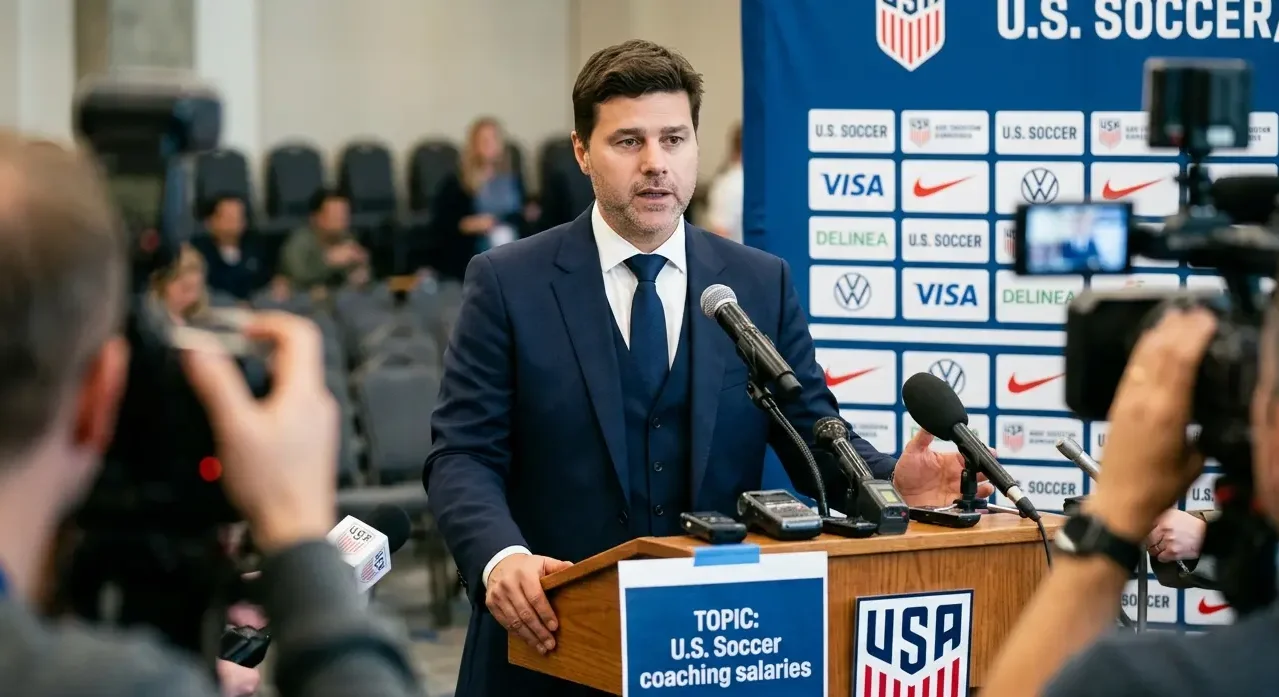 USMNT coach Mauricio Pochettino speaking at a press conference regarding U.S. Soccer coaching salaries.