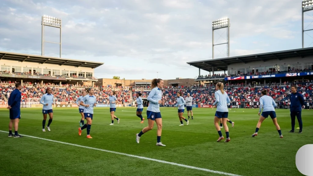 Soccer players warming up on field.