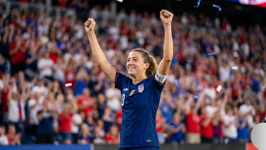 Soccer player celebrating in stadium.