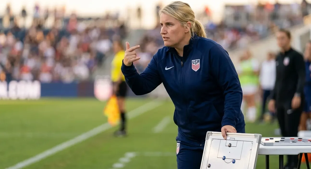 USWNT Head Coach Emma Hayes providing tactical instructions regarding USWNT roster updates from the sideline.
