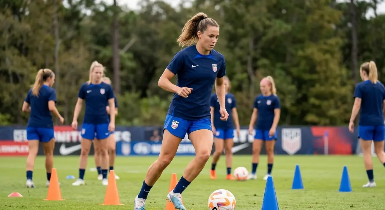 Female soccer players training on field