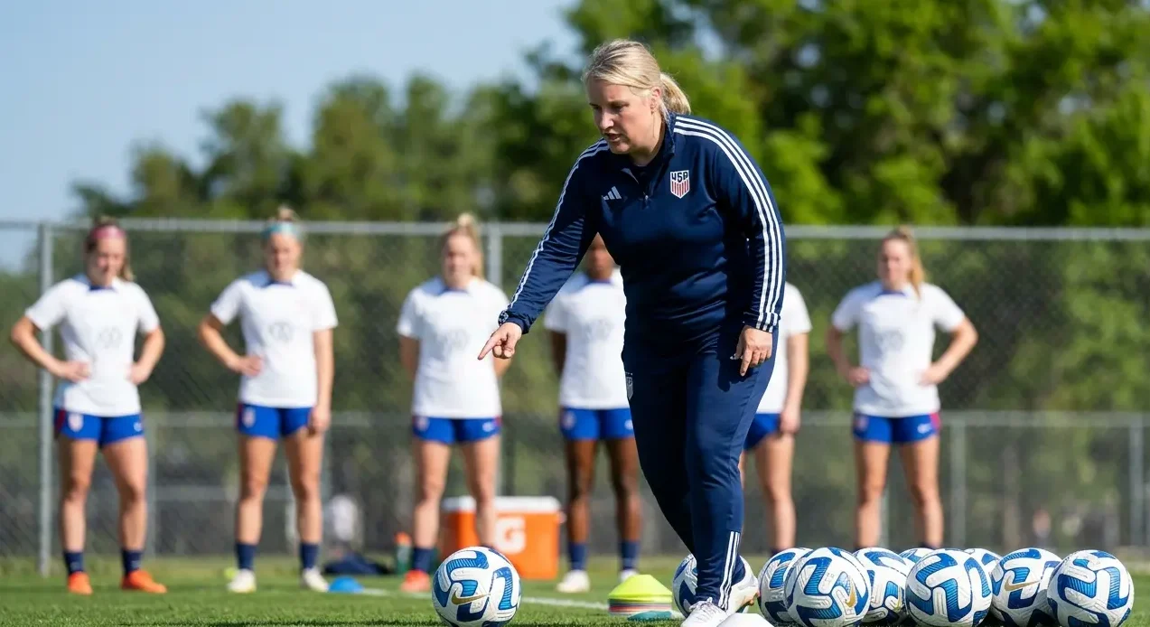 Coach directing soccer practice session.