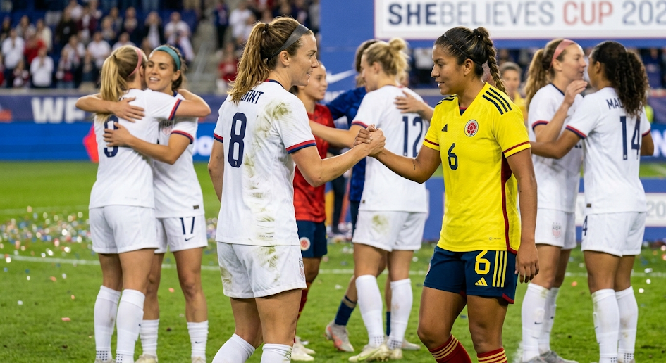 Soccer players congratulating each other.