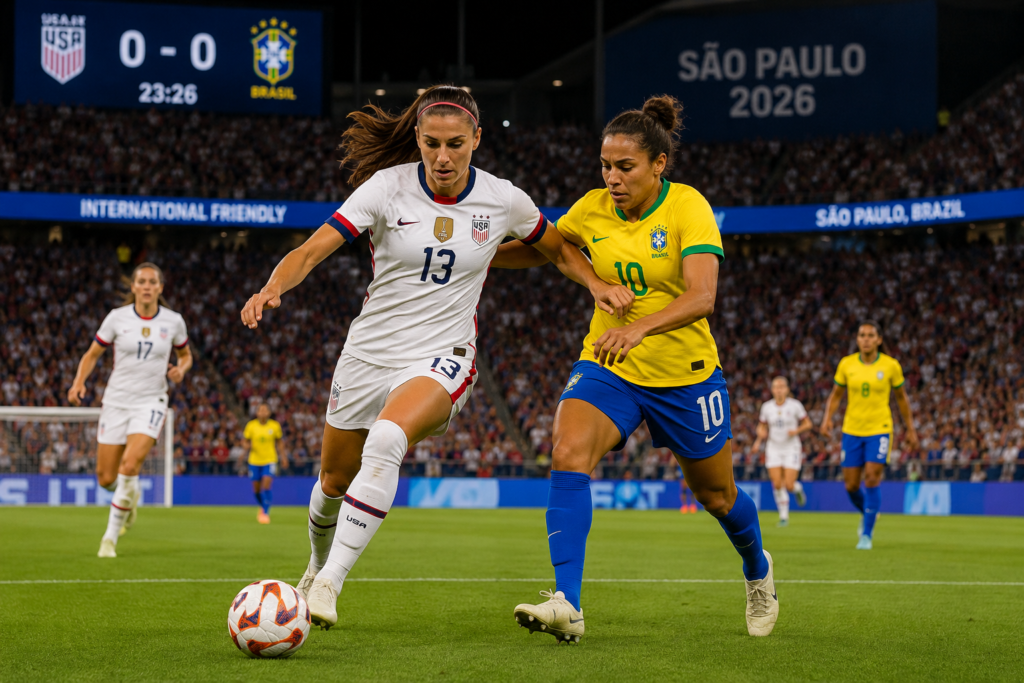 Sophia Wilson striking a low shot to score the opening goal for the USWNT against Brazil at Neo Química Arena in São Paulo.