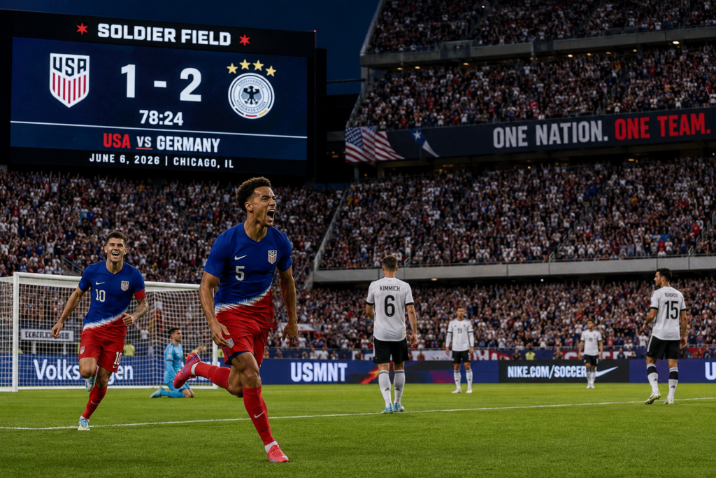 Antonee Robinson celebrating his spectacular equalizing volley for the USMNT against Germany in front of a sold-out crowd at Soldier Field in Chicago