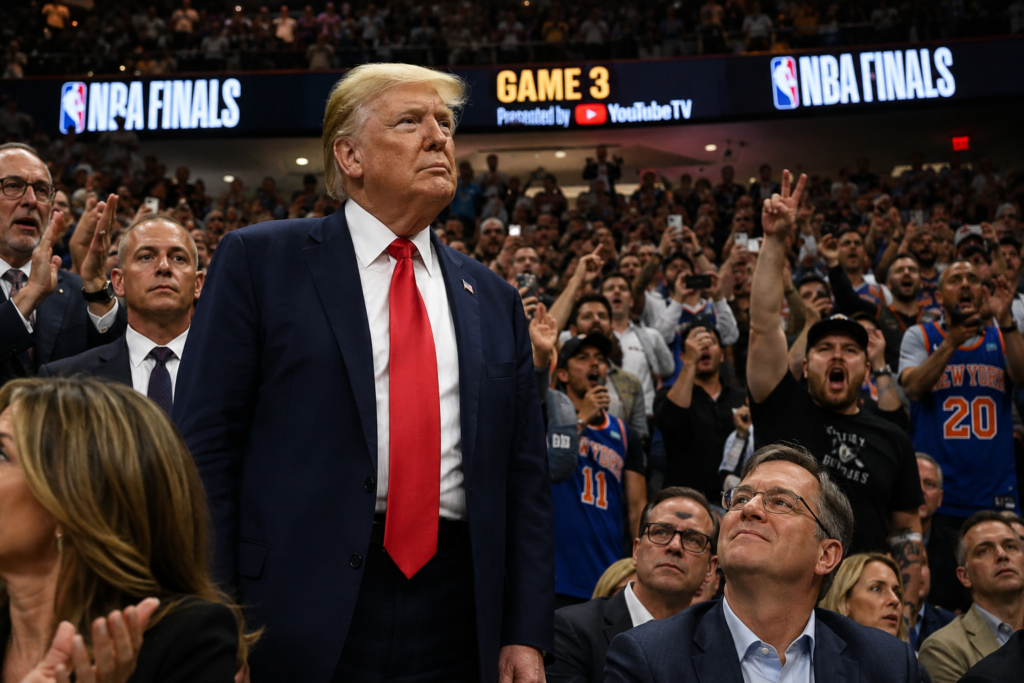 A wide-angle photo of Madison Square Garden showing the crowd reaction as Donald Trump booed at NBA Finals during Game 3.