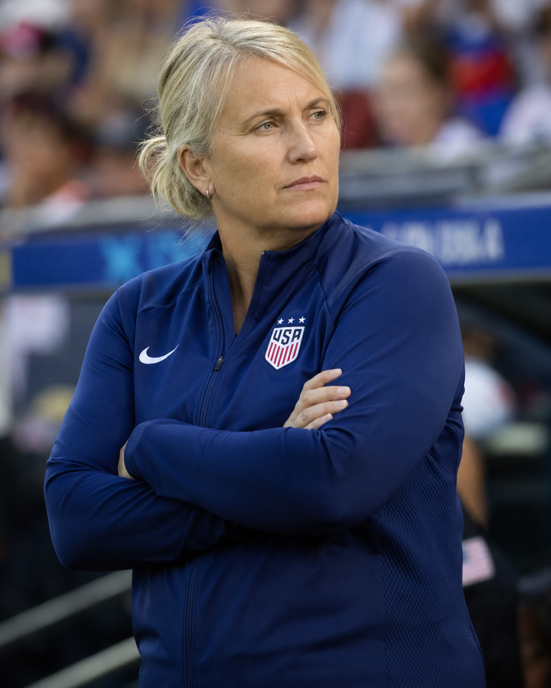 USWNT head coach Emma Hayes directing her players from the sideline during the friendly against Brazil.
