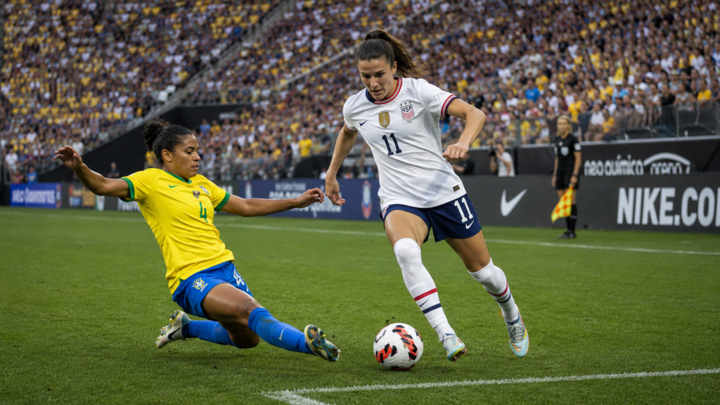 : A professional, action-oriented editorial sports photograph of an international women's soccer match between the United States and Brazil at the Neo Química Arena in São Paulo. In the center, a focused USWNT forward wearing the white USA national team kit with the number 11 is dynamically dribbling a high-contrast soccer ball down the wing. A Brazilian defender in a yellow and green jersey is in mid-stride, attempting a clean slide tackle. The lush green grass of the pitch is pristine, with thin white stadium lines visible. The modern, packed stands of the Neo Química Arena are visible in the background, filled with a vibrant, colorful crowd of 30,000 spectators creating a soft bokeh effect. Shot on a professional DSLR with a 70-200mm f/2.8 lens, low-angle perspective, fast shutter speed freezing the action, crisp details on sweat and blades of grass, natural afternoon stadium lighting, photorealistic, sports journalism style, Getty Images quality. --ar 16:9
