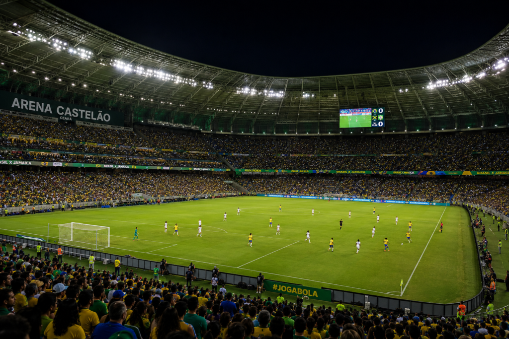 USWNT vs Brazil friendly match at Arena Castelão featuring packed stadium stands under bright lights.  
