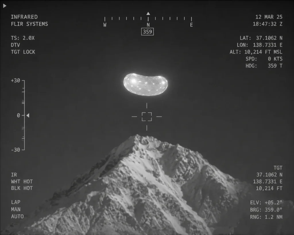 Disc-shaped craft with a hollow center and rotating lights projecting beams over Harare International Airport runway, unsealed in the PURSUE UAP declassification.
