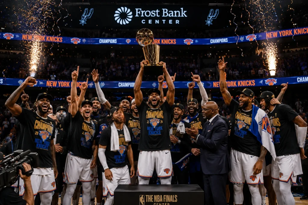 New York Knicks players lifting the Larry O'Brien Trophy in San Antonio.