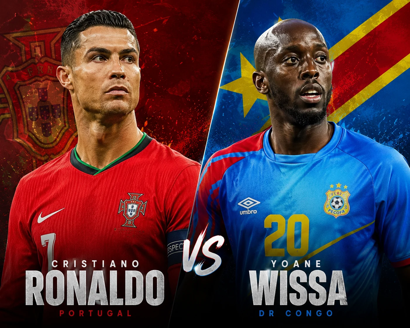 Cristiano Ronaldo and Yoane Wissa represent their nations in the Portugal vs DR Congo World Cup match.