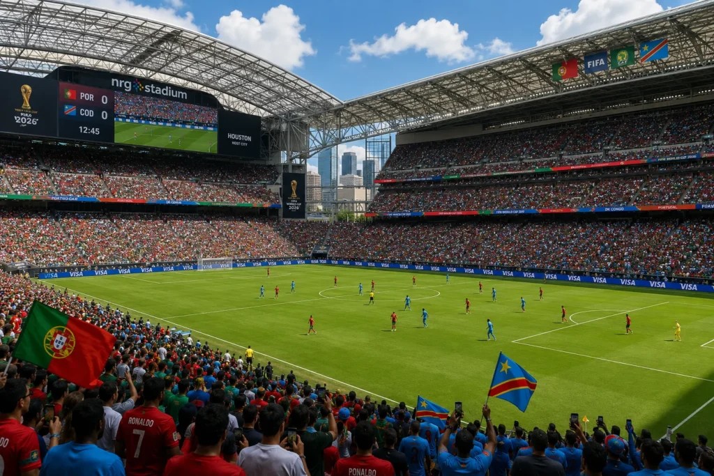 Portugal and DR Congo players competing at Houston Stadium during the 2026 FIFA World Cup.