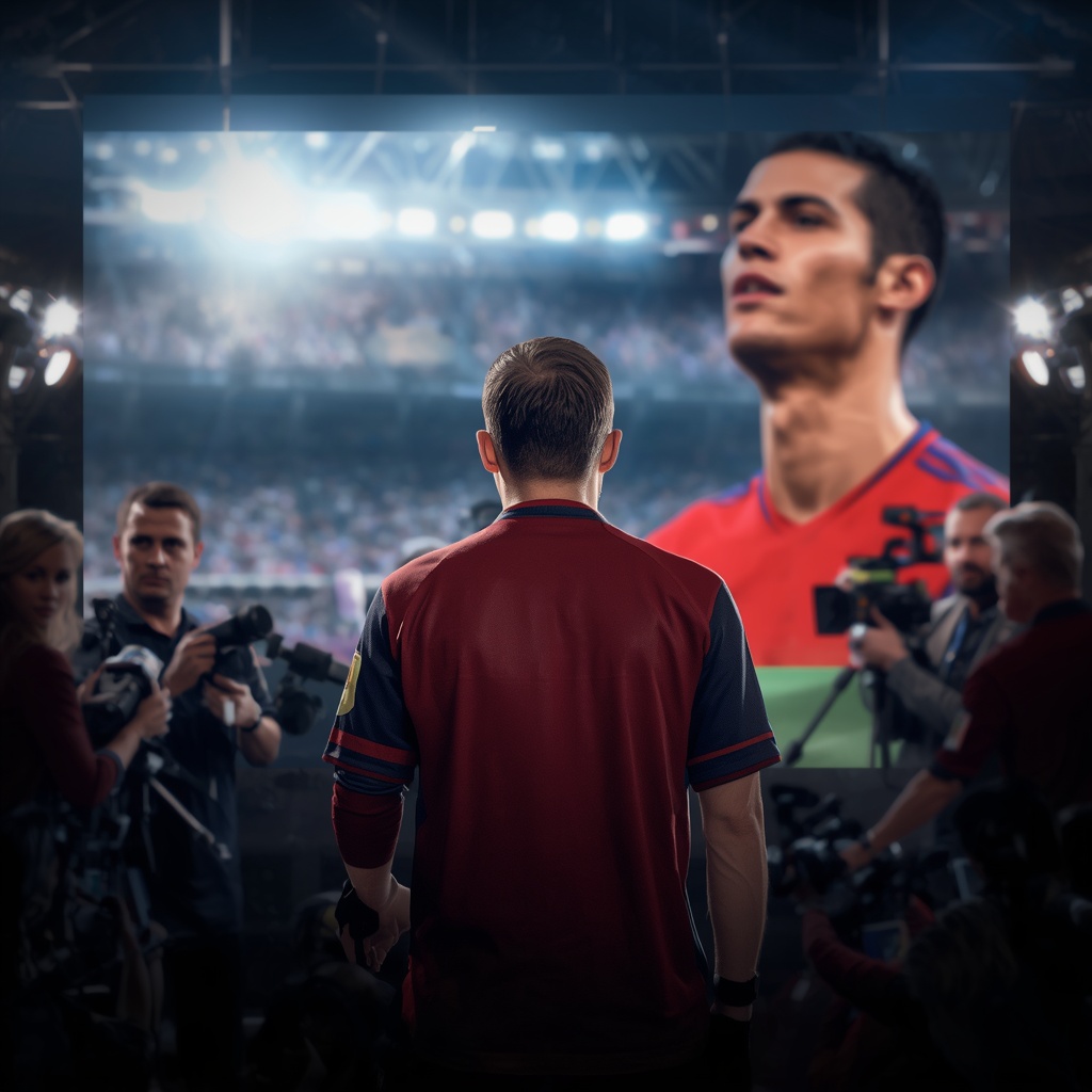 João Neves stands before media cameras while a blurred image of Cristiano Ronaldo appears on a stadium screen behind him, illustrating the backlash surrounding his comments.