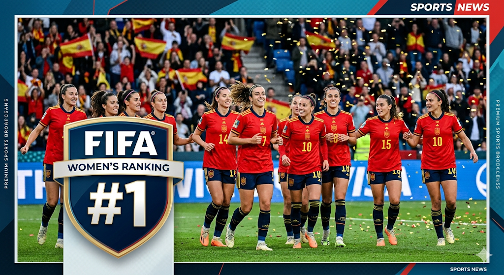 This realistic editorial photograph features Spain's women's national team celebrating. It balances the championship atmosphere—complete with confetti and natural stadium lighting—with a prominent graphic overlay of the '#1 FIFA Ranking