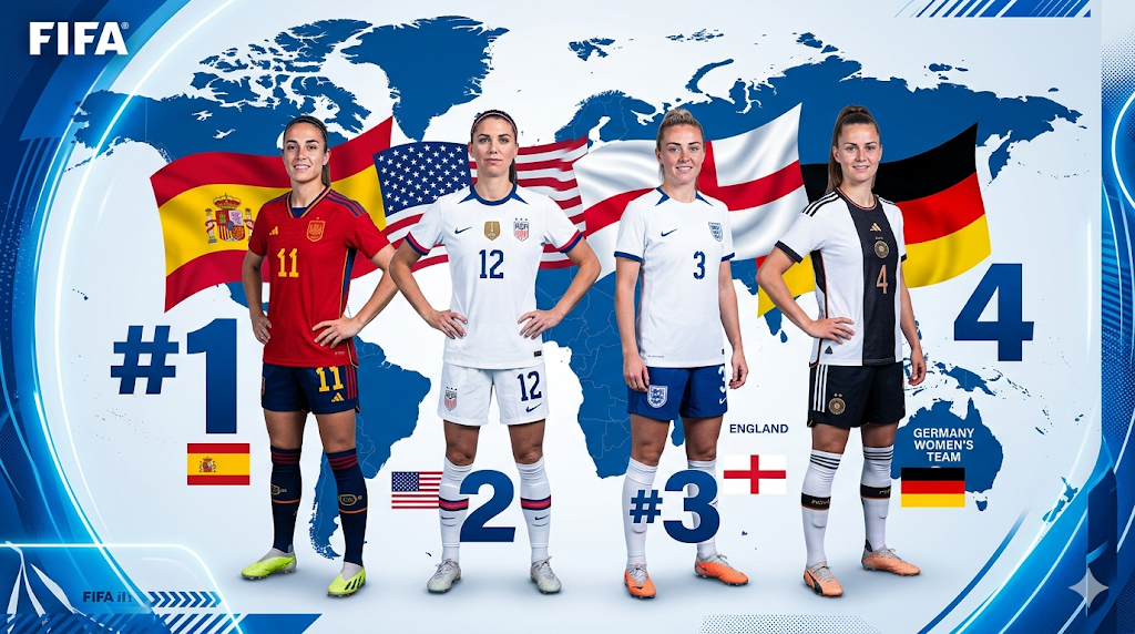 This professional sports news graphic captures the modern FIFA aesthetic perfectly. Spain, USA, England, and Germany players stand confidently, separated by large rank numbers (#1 through #4), with their national flags
