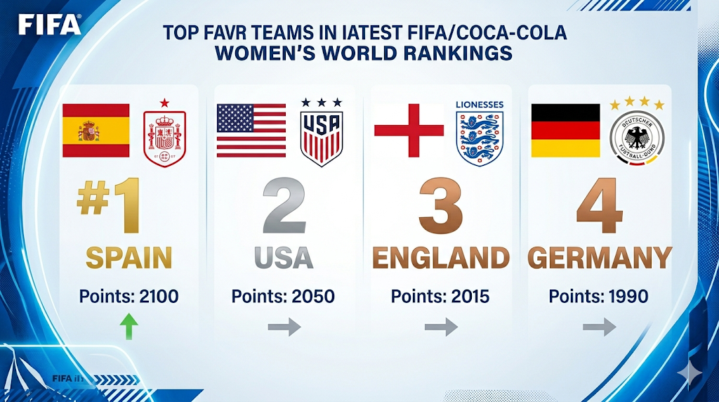 The final output is a clean, blue FIFA-themed infographic designed for quick data consumption. It uses a clear statistics layout with national flags, team crest icons, and ranking arrows to contrast Spain, USA, England