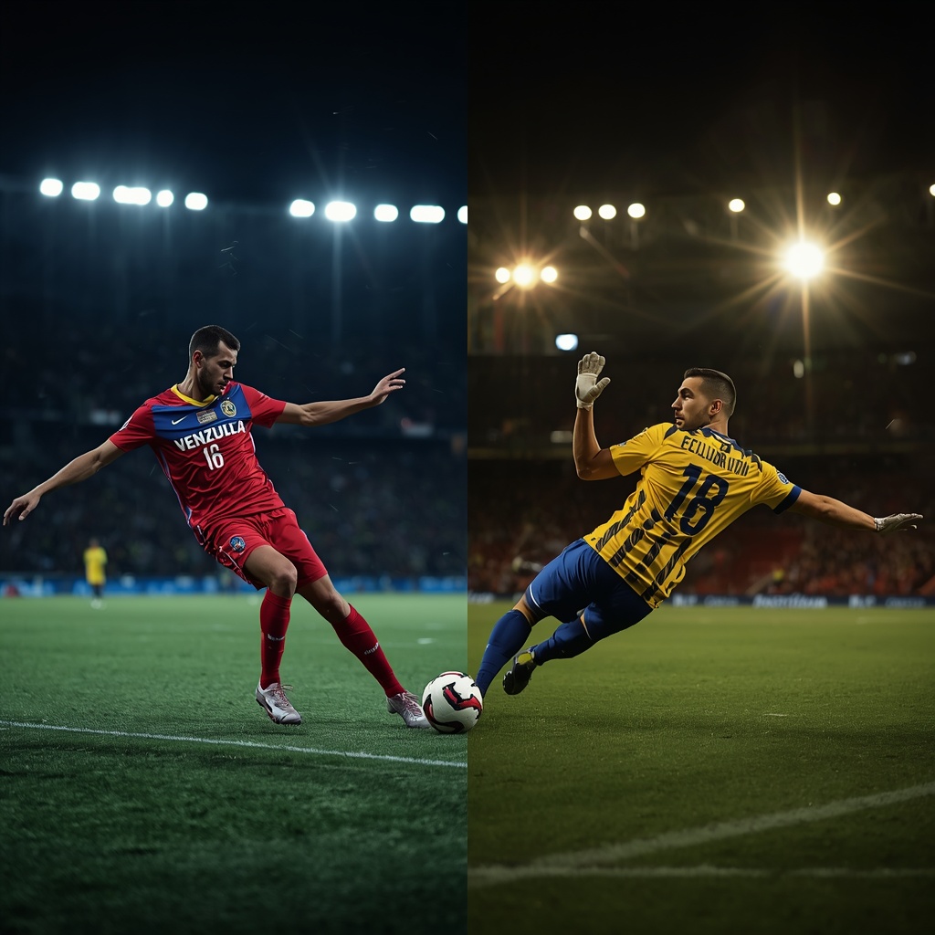 Europe's Path to Brazil Actually WorksA split-composition editorial sports photograph for social media, divided down the middle. On the left, a soccer player in a red Venezuela home jersey strikes the ball mid-motion on a floodlit pitch at night. On the right, a soccer player in a yellow and blue Ecuador jersey makes a diving save or tackle, also under stadium floodlights. Both halves share matching dramatic lighting and color grading so the image reads as one cohesive scene. Wide empty space at the top third of the frame for text overlay. High-contrast, photojournalistic sports photography style, vibrant but natural colors, no visible sponsor logos, no real identifiable player likenesses, no text baked into the image.