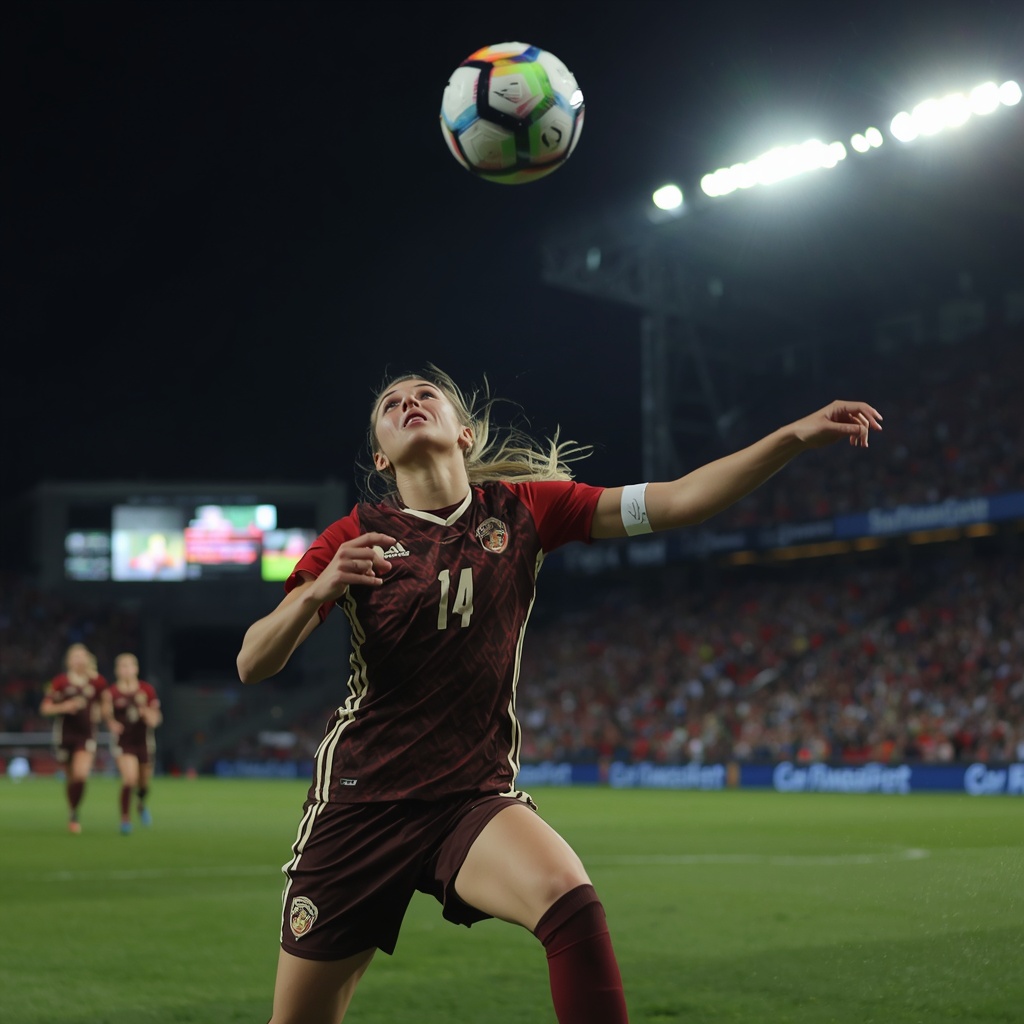 center-back battles for the ball in the air during a night match, representing NaYeong Shin's defensive role for Brooklyn FC."