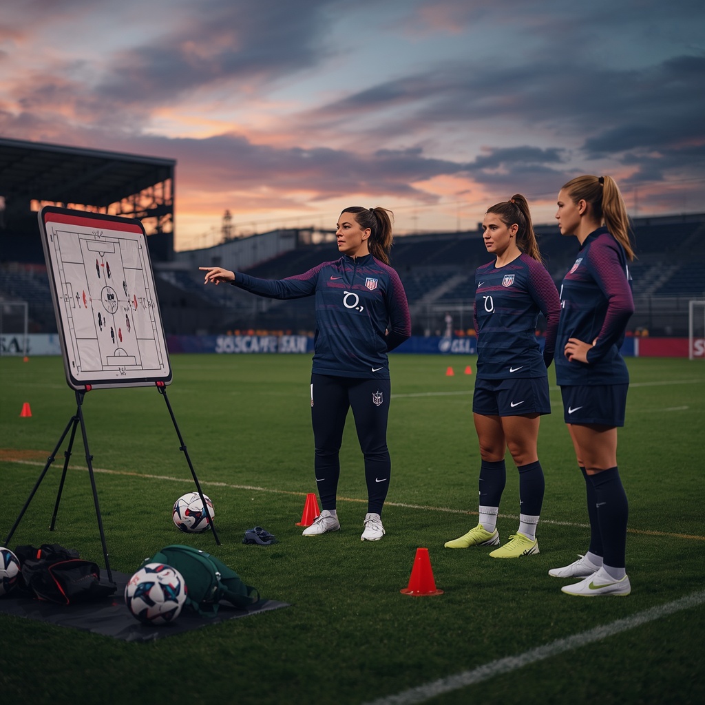 Create a realistic editorial-style football training image showing USWNT head coach Emma Hayes leading an intense tactical session with Trinity Rodman, Sophia Wilson, and Mallory Swanson on a professional training pitch. Hayes is pointing at a tactical board while the three forwards listen attentively in USA training gear. Soccer balls, cones, and coaching equipment are visible, with a modern stadium and sunset sky in the background. The image conveys preparation for the CONCACAF W Championship and the 2027 FIFA Women's World Cup, featuring cinematic lighting, high realism, sharp focus, natural colors, sports documentary style, 8K quality, no text, no logos, no watermark.