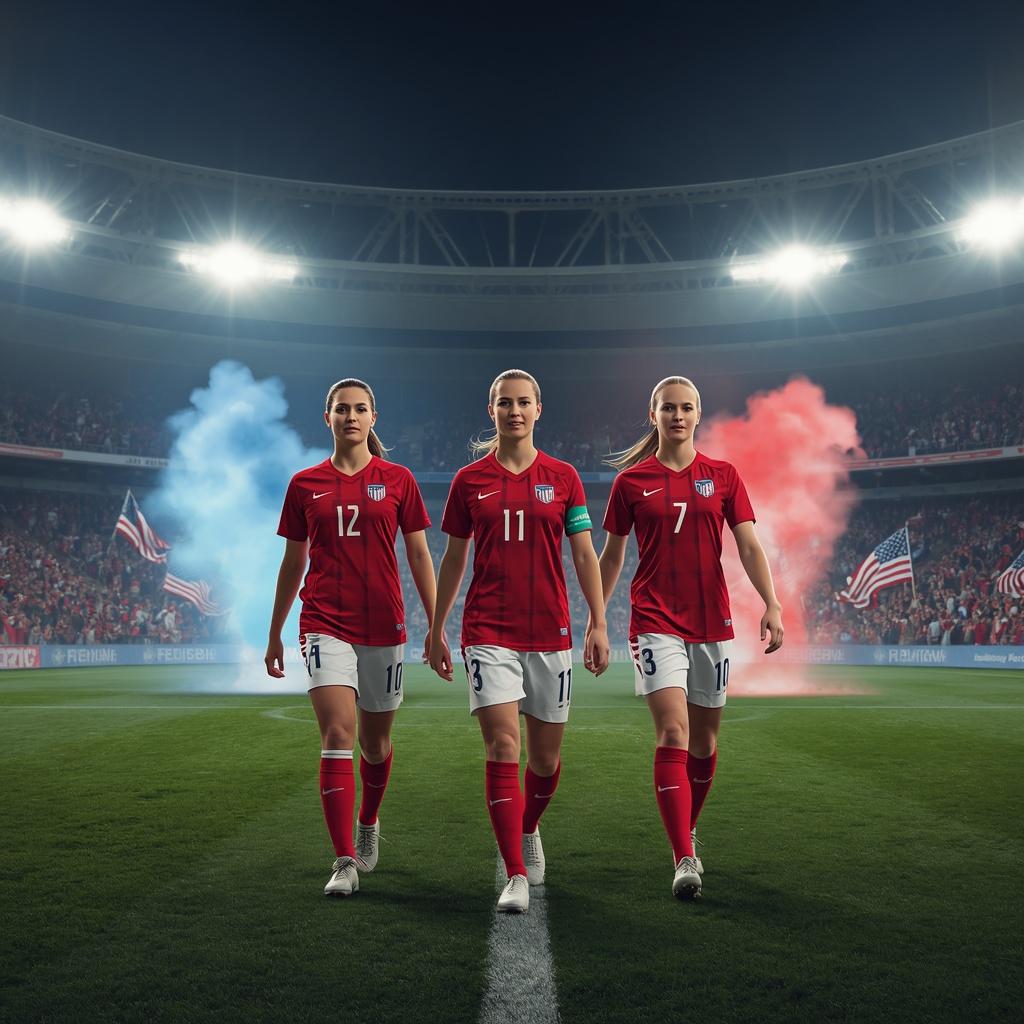 Create a dramatic, ultra-realistic sports editorial image of the USWNT's famous "Triple Espresso" attacking trio—Trinity Rodman, Sophia Wilson, and Mallory Swanson—walking side by side toward the camera inside a packed modern soccer stadium before kickoff. All three wear the latest USA women's national team home kit, displaying confident and determined expressions. Stadium floodlights illuminate the scene with cinematic lighting, while thousands of fans wave American flags in the background. The atmosphere is electric with blue, red, and white smoke effects, shallow depth of field, highly detailed faces, realistic grass, broadcast-quality sports photography, dynamic composition, 8K resolution, no text, no watermark.