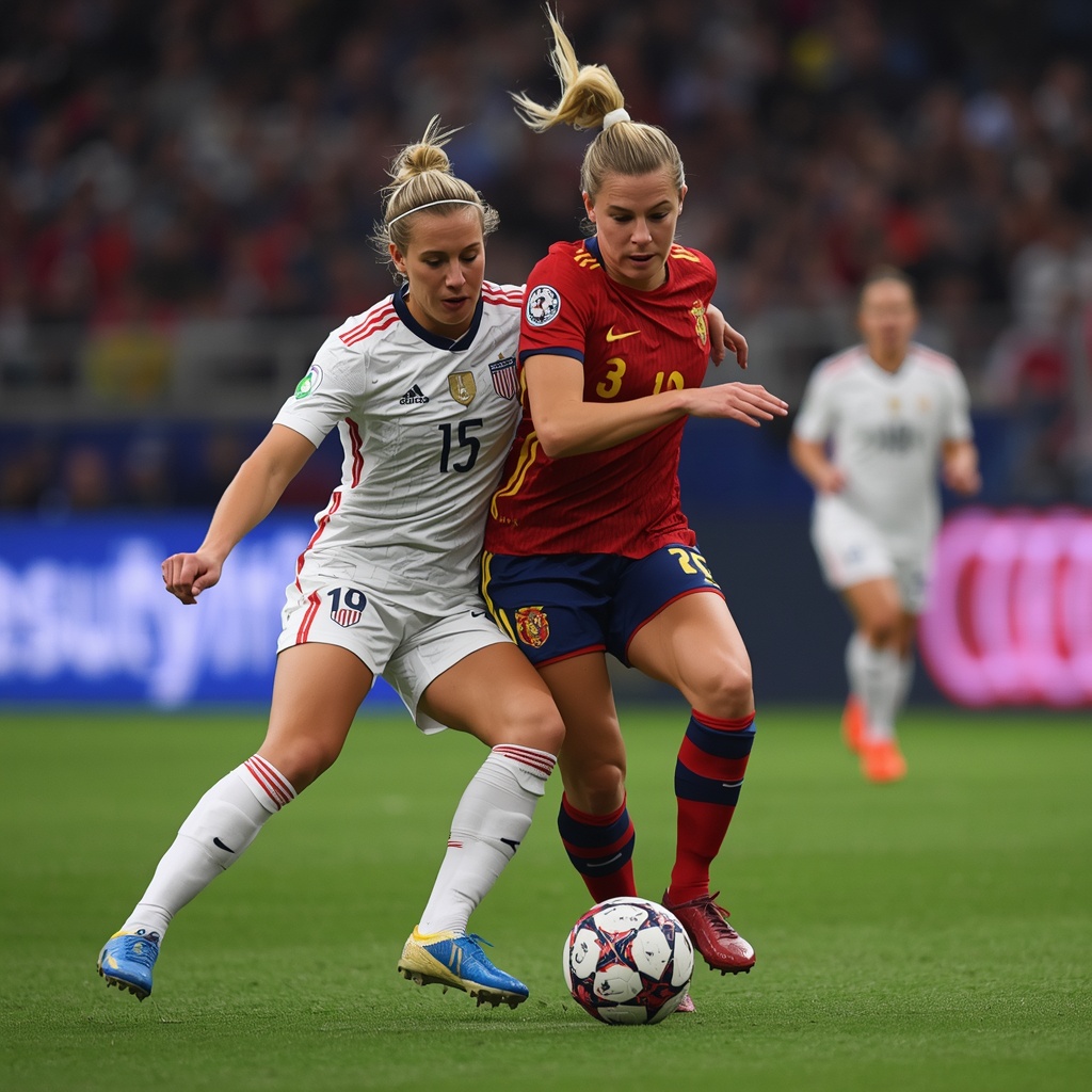 Original or licensed action photo from a prior USWNT–Spain meeting (not stock, not a logo), min. 1200px wide, 16:9. Suggested filename: uswnt-spain-audi-field-october-2026.jpg. Suggested alt text: "USWNT and Spain players challenge for the ball during a past international friendly."